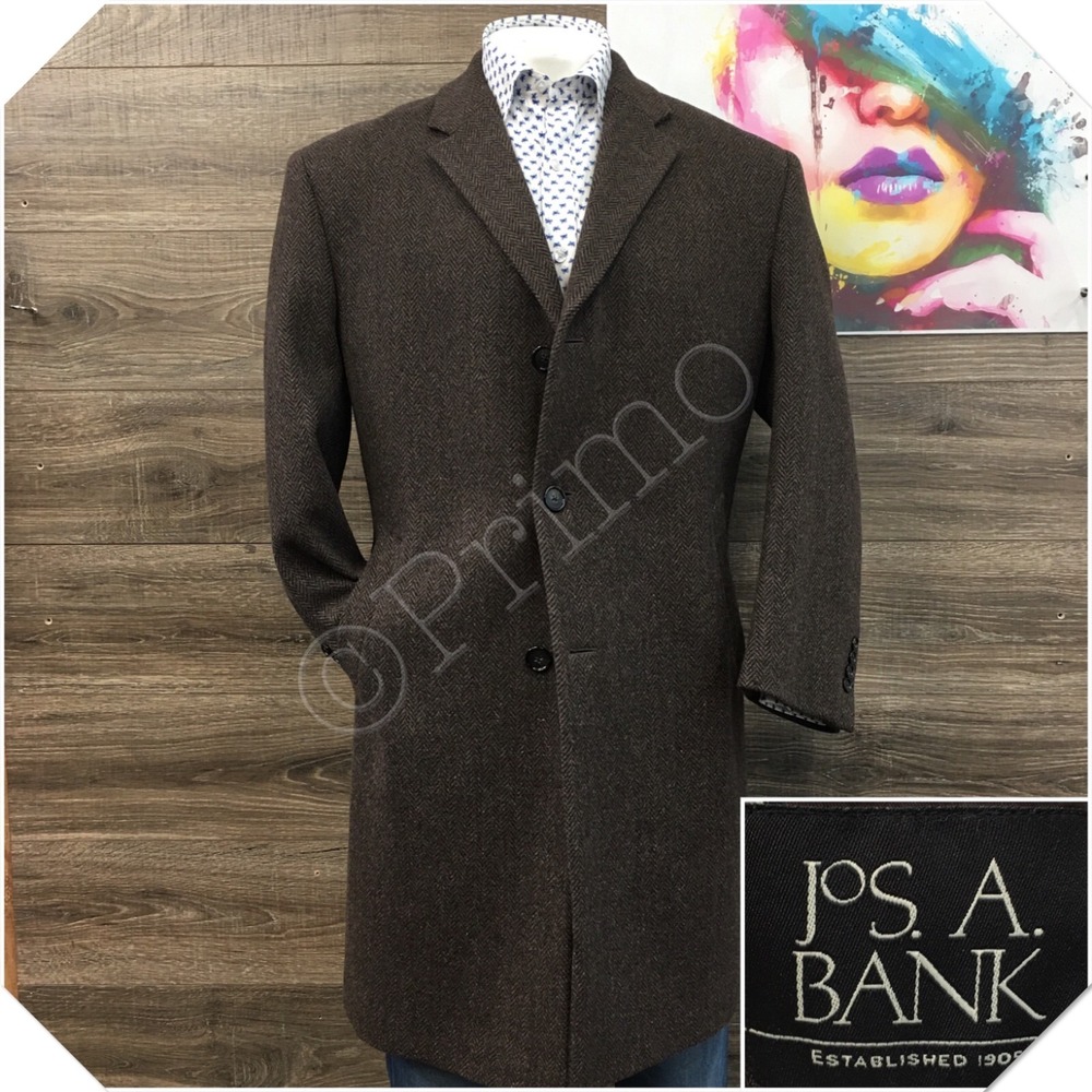 JOS A BANK Mens Tweed Overcoat Long Coat Jacket Wool Size 40S Casual Blazer